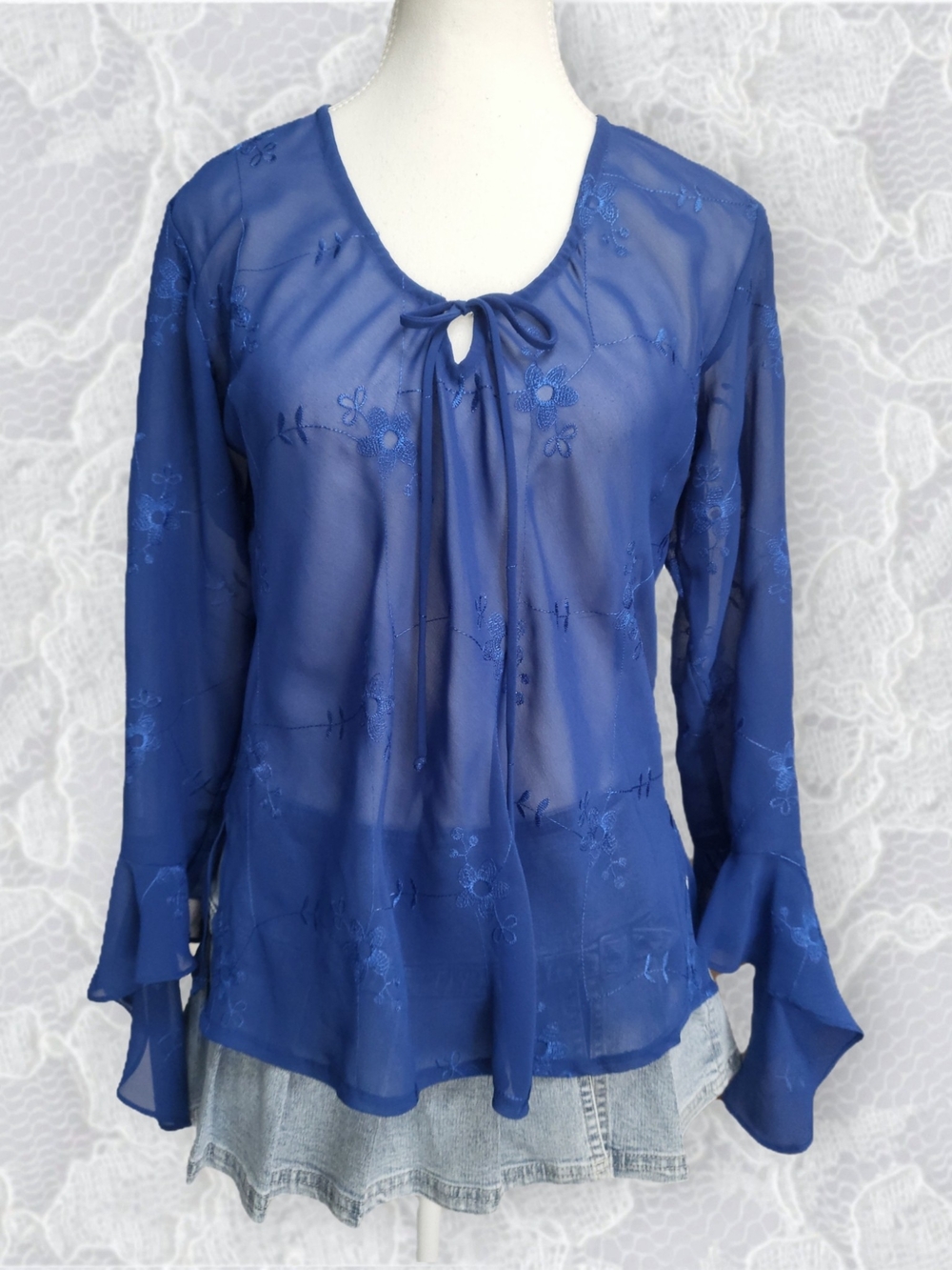 Sheer Embroidered Navy Blue Tie-Neck Women's Top
